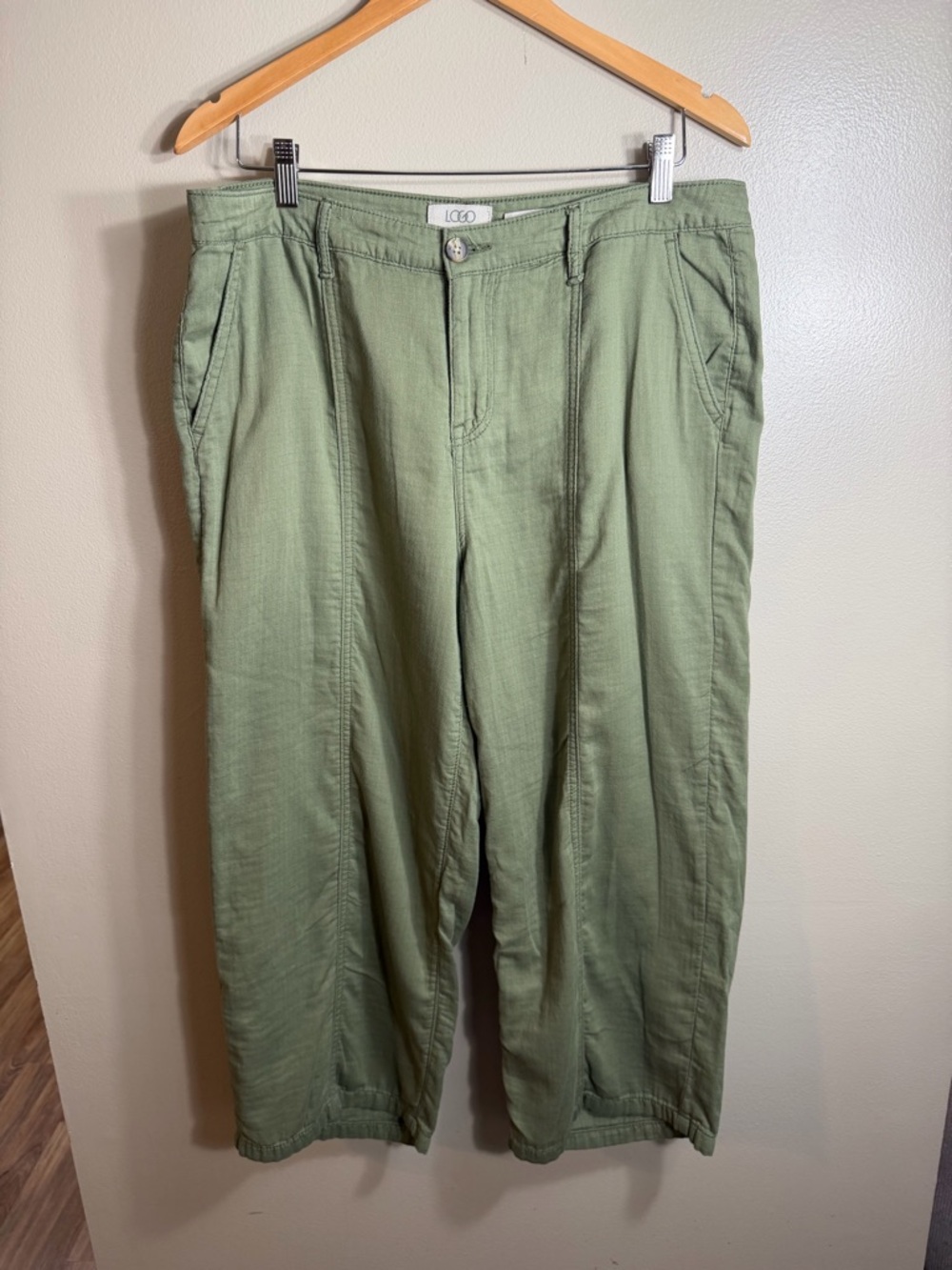 LOGO Lori Goldstein Olive Green Wide Leg Culotte Crop Pants Size 12